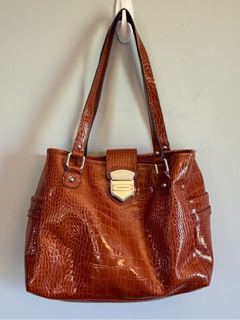 Glossy Croc-Embossed Tote Bag in Rich Brown